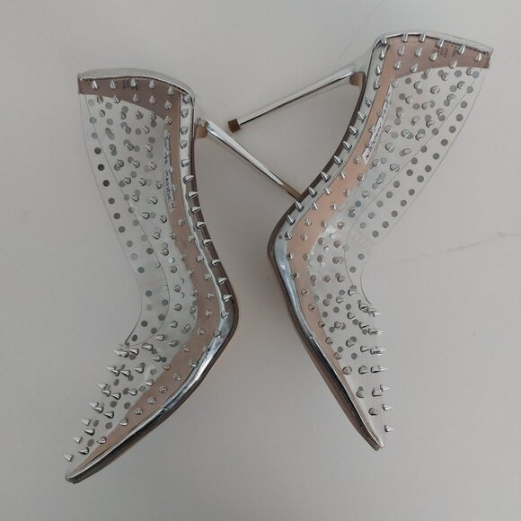 Steve Madden Clear Spike Stilettos 8 Metallic Silver Heels Glam Edgy Studded - Picture 10 of 12